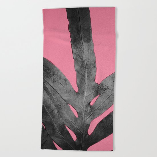 Green Fern on Pink - Black Shadow Beach Towel