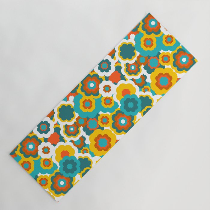 Retro 70s Bold Large-Scale Flowers with Teal, Orange and Yellow Yoga Mat
