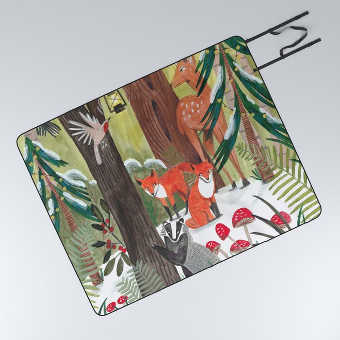 Enchanted forest & woodland animals in the snow Picnic Blanket