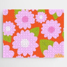 Fun Fresh Modern Pink Summer Flowers On Red Jigsaw Puzzle