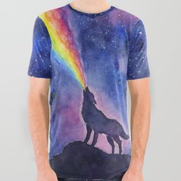 Galaxy Wolf Howling Rainbow All Over Graphic Tee