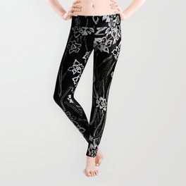 White ink. graphic with white ink  and black cardboard. flowers Leggings