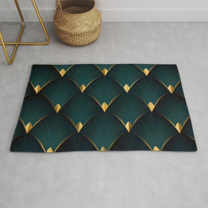Vintage Minimalism Art Deco Pattern With Gold Leaves In Blue And Green Rug