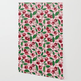 Red cherries on pink gingham Wallpaper