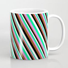 [ Thumbnail: Colorful Green, Violet, Brown, Black & White Colored Stripes Pattern Coffee Mug ]