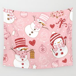 Cute Pink Christmas Christmas Snowman Winter Wonderland Patterns-Trending Merry Christmas Holidays Gift Wall Tapestry