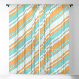 [ Thumbnail: Mint Cream, Dark Orange & Turquoise Colored Lined/Striped Pattern Sheer Curtain ]