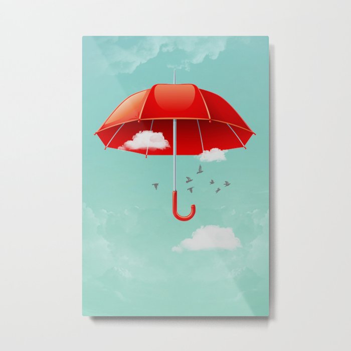 Teal Sky Red Umbrella Metal Print
