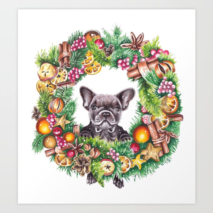Frenchie in the christmas wreath Art Print
