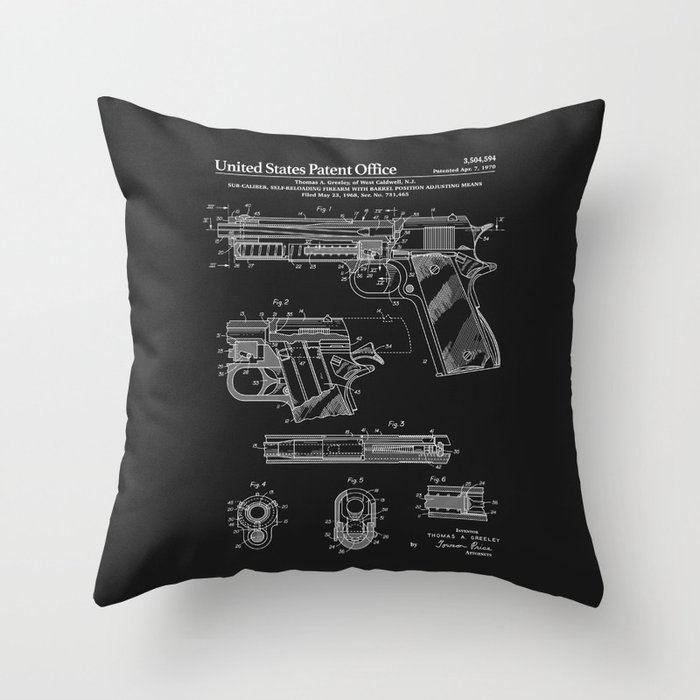 Colt 1911 Handgun Patent - Black Throw Pillow