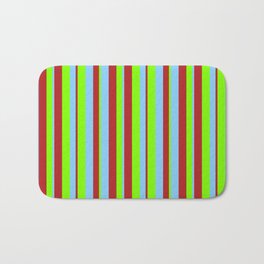 [ Thumbnail: Red, Light Sky Blue, and Chartreuse Colored Lined/Striped Pattern Bath Mat ]