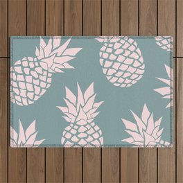 Festive, Tropical, Pineapples, Pink and Teal Green Outdoor Rug