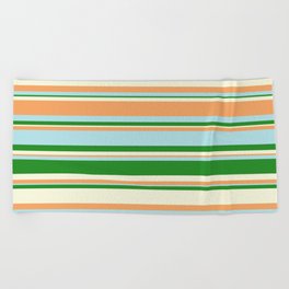 [ Thumbnail: Forest Green, Beige, Brown & Powder Blue Colored Striped Pattern Beach Towel ]