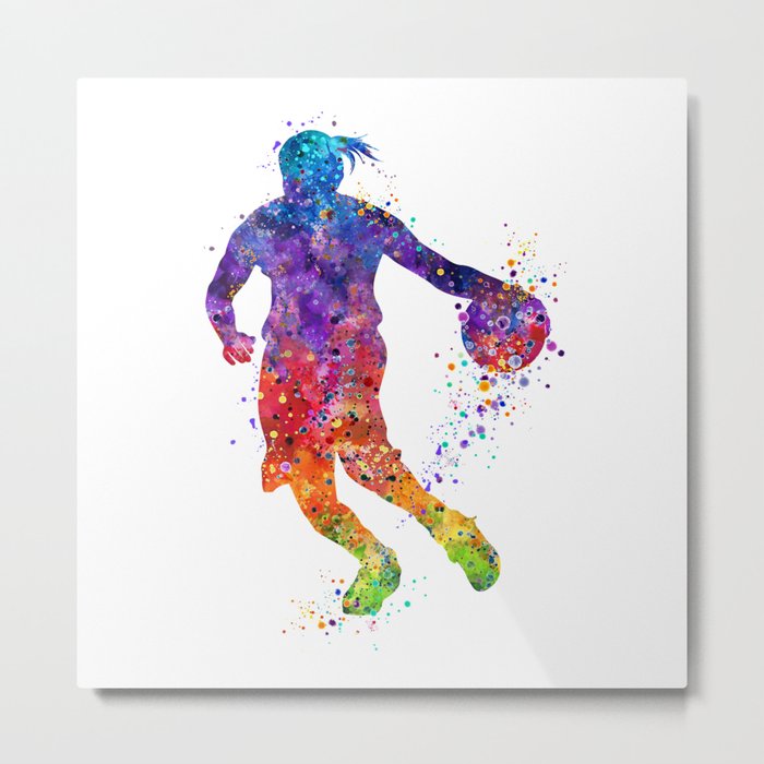 Girl Basketball Player Colorful Watercolor Sports Art Gift Metal Print