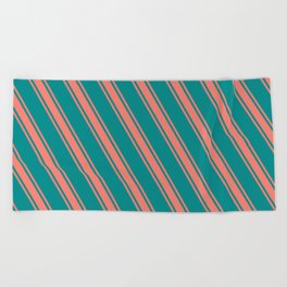 [ Thumbnail: Dark Cyan & Salmon Colored Stripes Pattern Beach Towel ]