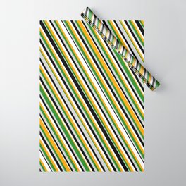 [ Thumbnail: Orange, Forest Green, Light Grey, Black & White Colored Striped Pattern Wrapping Paper ]