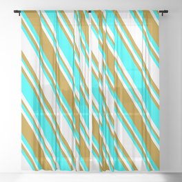 [ Thumbnail: White, Dark Goldenrod, and Aqua Colored Striped Pattern Sheer Curtain ]