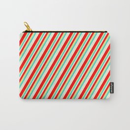 [ Thumbnail: Beige, Red, Tan, and Turquoise Colored Striped Pattern Carry-All Pouch ]