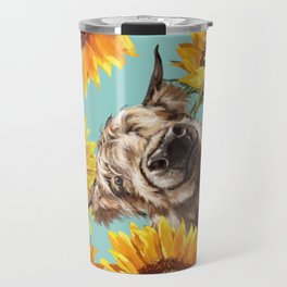 Highland Cow with Sunflowers in Blue Travel Mug