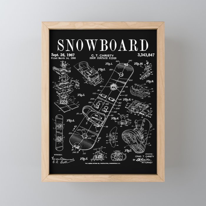 Snowboard Winter Snowboarding Vintage Patent Drawing Print Framed Mini Art Print