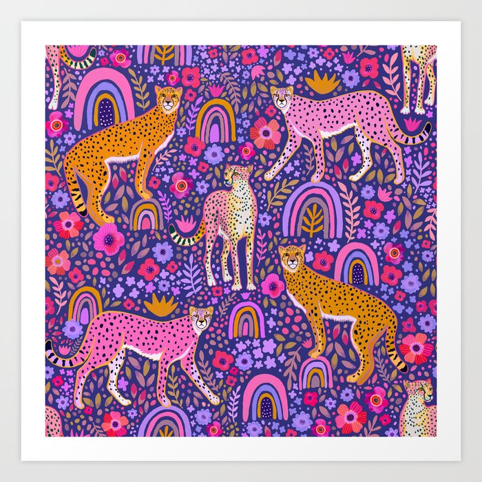 Cheetah in a Rainbow Garden Art Print
