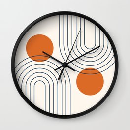 Mid Century Modern Geometric 88 in Navy Blue and Orange (Rainbow and Sun Abstraction) Wall Clock | Rainbow, Modern, Pattern, Classy, Boho, Graphicdesign, Navyblue, Abstraction, Yoga, Orange 