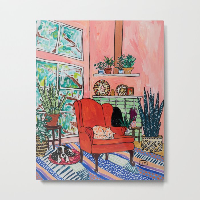Red Armchair in Pink Interior with Houseplants, Ginger Cat, and Spaniel Interior Painting Metal Print