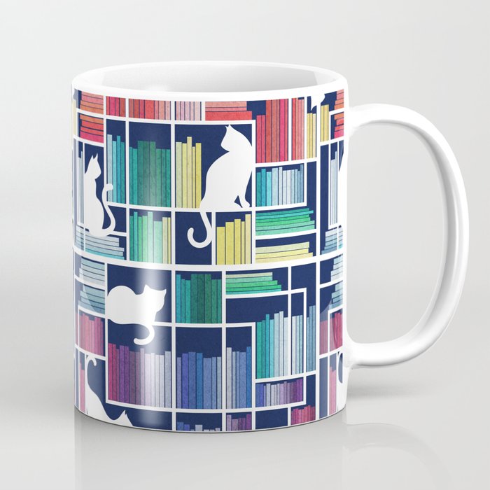 Rainbow bookshelf // navy blue background white shelf and library cats Coffee Mug