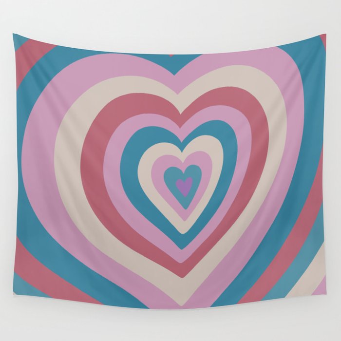 Retro Groovy Love Hearts - dark bright blue navy pink red Wall Tapestry