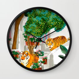 Tigers in Greece | Santorini Travel Architecture, Wildlife Animal Painting | Watercolor Illustration Wall Clock