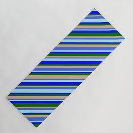 [ Thumbnail: Eye-catching Tan, Royal Blue, Turquoise, Blue & Dark Green Colored Pattern of Stripes Yoga Mat ]