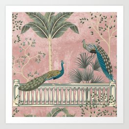 Chinoiserie Blush Pink Peacock Palm Fresco Garden  Art Print