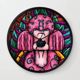 Pink poodle in colorful jungle, quirky dog painting Wall Clock
