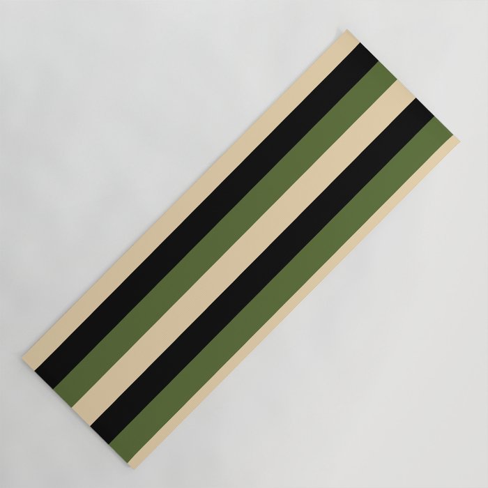 Dark Olive Green, Tan & Black Colored Striped/Lined Pattern Yoga Mat