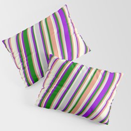 [ Thumbnail: Vibrant Dark Violet, Green, Dark Salmon, Beige, and Light Gray Colored Stripes/Lines Pattern Pillow Sham ]