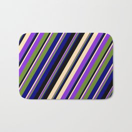 [ Thumbnail: Colorful Black, Beige, Purple, Green, and Blue Colored Pattern of Stripes Bath Mat ]