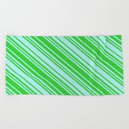 [ Thumbnail: Turquoise & Lime Green Colored Pattern of Stripes Beach Towel ]