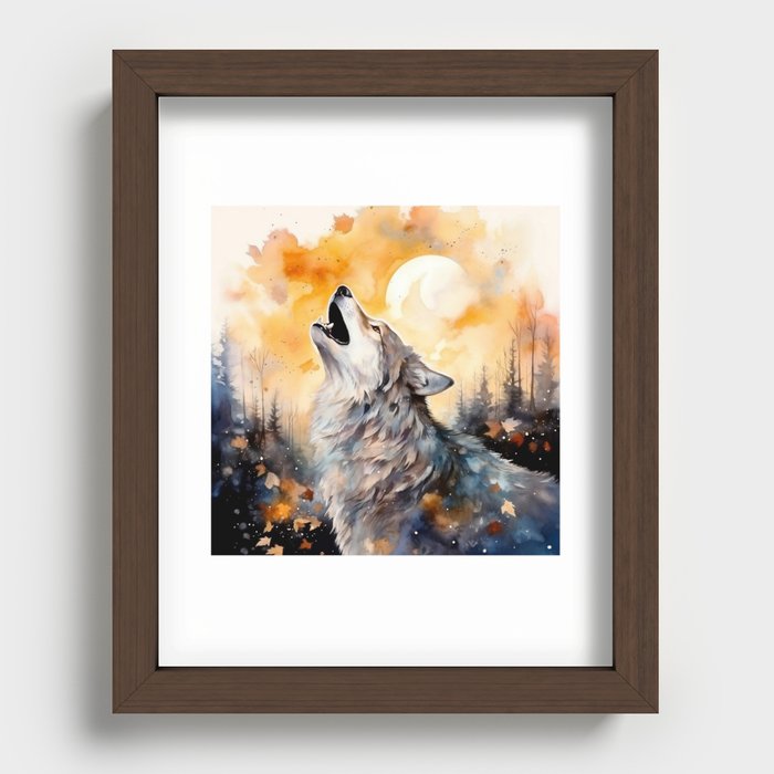 Wolf Howling at the Moon Recessed Framed Print
