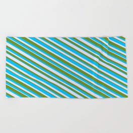 [ Thumbnail: Deep Sky Blue, Lavender, and Green Colored Lined Pattern Beach Towel ]