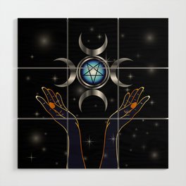 Triple Goddess pagan symbol and hands holding an inverted pentacle Wood Wall Art