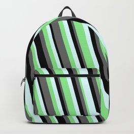 [ Thumbnail: Dim Grey, Black, Light Cyan, and Light Green Colored Striped Pattern Backpack ]