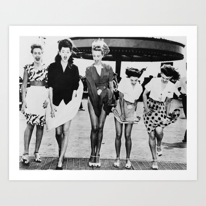 Air Flies Up Ladies Skirts, NYC Coney Island vintage female humorous black and white photograph - photography - photographs Art Print