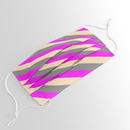 [ Thumbnail: Fuchsia, Beige, and Gray Colored Striped Pattern Face Mask ]