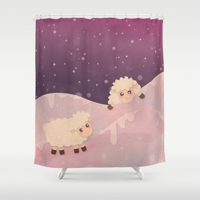 Cartoon Baby Sheep, Red Violet Snowy Bokeh Background Shower Curtain