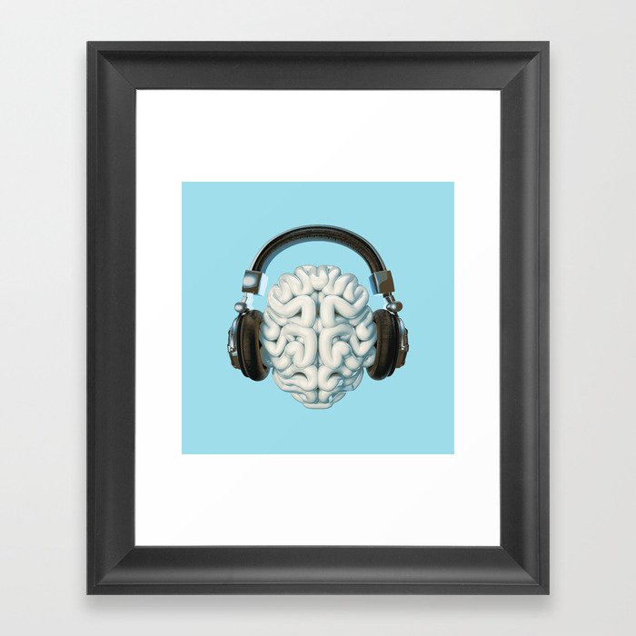 Mind Music Connection /3D render of human brain wearing headphones Framed Art Print