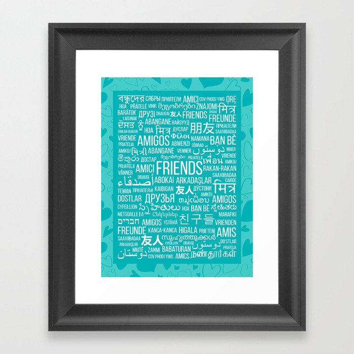 The word "Friends" in different languages of the world on a turquoise background with hearts Framed Art Print