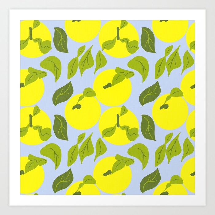 Retro Modern Bright Lemon Yellow Yuzu Tropical Fruit And Foliage On Sky Blue Botanical Pattern Art Print