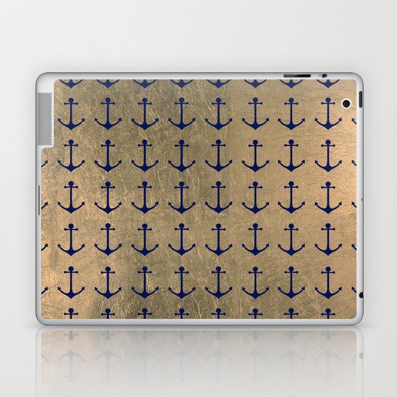 Trendy Navy Blue Gold Nautical Anchor Pattern Laptop & iPad Skin