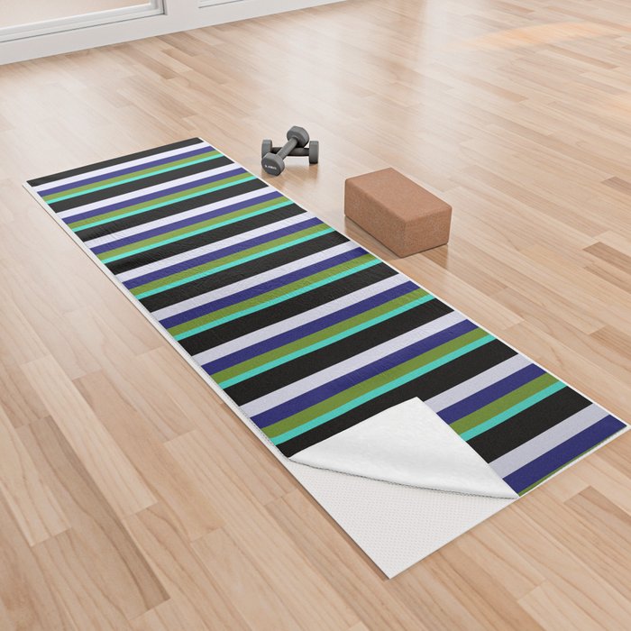 Eye-catching Turquoise, Green, Midnight Blue, Lavender, and Black Colored Striped Pattern Yoga Towel