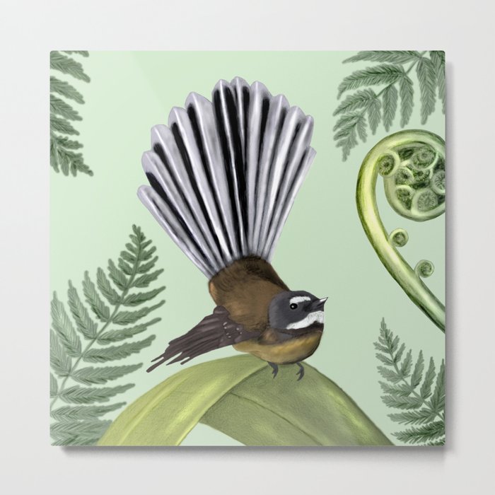 Bird New Zealand Fantail Green Metal Print